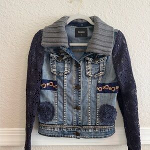 Desigual Women's Blue Denim Jacket with Lace Sleeves - Size 34 (XS)